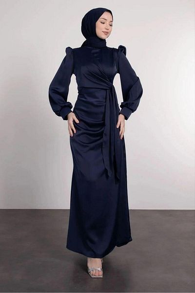 Suedcollection Βραδινό Σατέν Φόρεμα με Πλαϊνή Πέτα Λεπτομέρεια Σκούρο Μπλε 583236