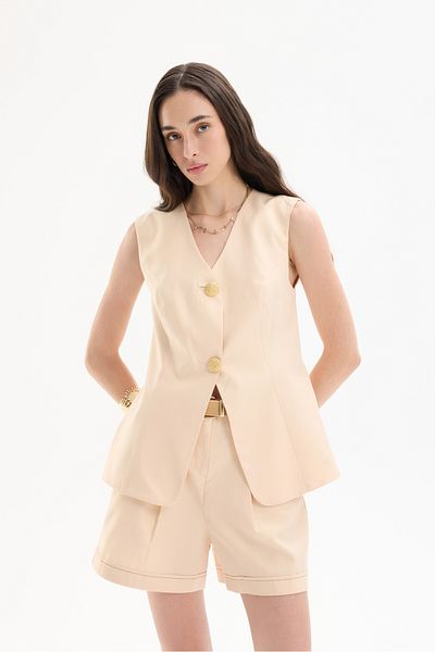 Quzu Double Button V-Neck Vest Jacket Beige