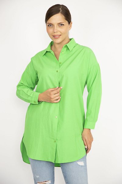 Şans Women's Large Size Green Front Buttoned Long Sleeve Shirt 65N37038