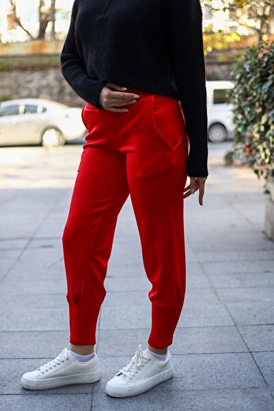 NEW LAVİVA Kadın Kırmızı Scuba Kumaş, Rahat Kalıp, Pliseli Dar Paça Eşofman Altı