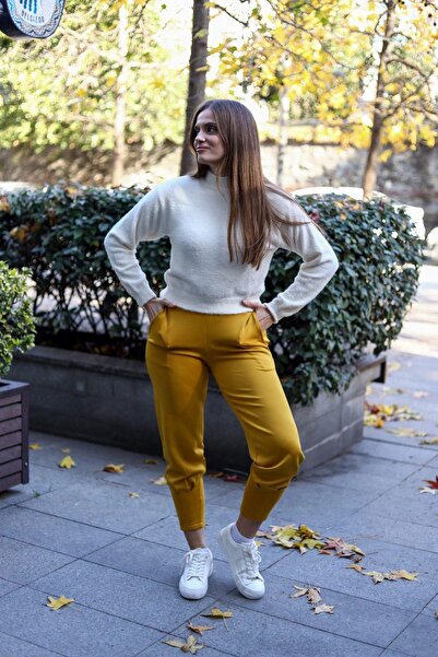 NEW LAVİVA Kadın Hardal Scuba Kumaş, Rahat Kalıp, Pliseli Dar Paça Eşofman Altı