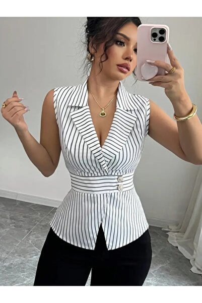 Etos Women's Shirt Elite Stylish Sleeveless Black and White Striped Blouse Adjustable Waist