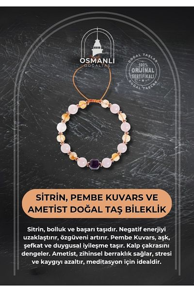 OSMANLI DOĞAL TAŞ Certified Citrine, Pink Quartz and Amethyst Natural Stone Bracelet