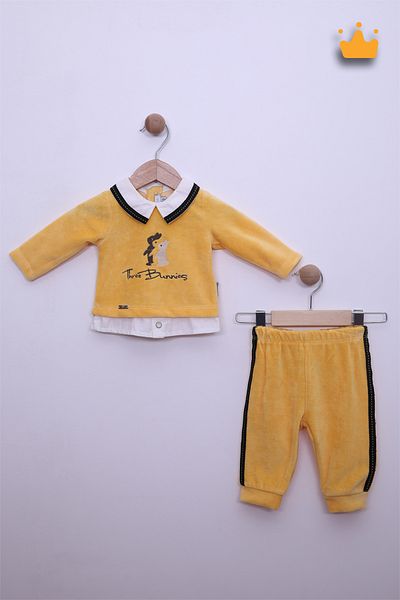 Babydola Three Bunnies Velvet Textured Baby Girl and Boy Top and Bottom Set 14113