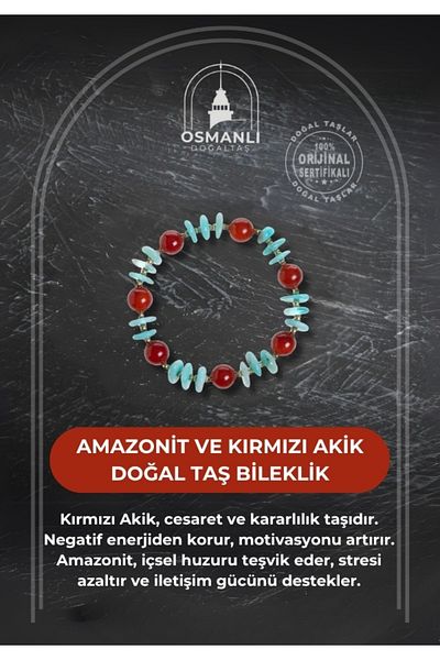 OSMANLI DOĞAL TAŞ Certified Amazonite and Red Agate Natural Stone Bracelet