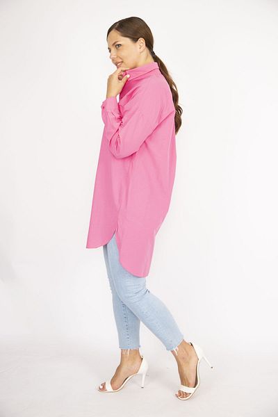 Şans Women's Large Size Pink Poplin Fabric Front Buttoned Side Slit Tunic 65N36795