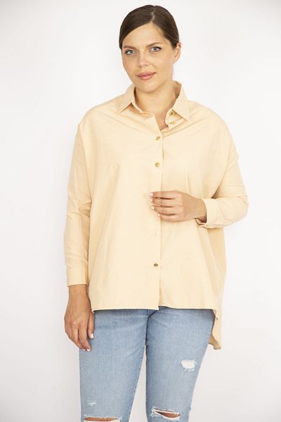 Şans Women's Large Size Beige Poplin Fabric Front Buttoned Side Slit Long Sleeve Shirt 65N36799