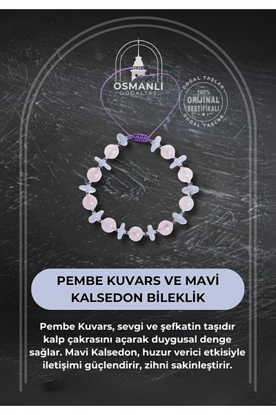 OSMANLI DOĞAL TAŞ Certified Pink Quartz and Blue Chalcedony Bracelet