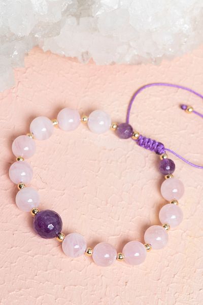 OSMANLI DOĞAL TAŞ Certified Pink Quartz and Amethyst Bracelet