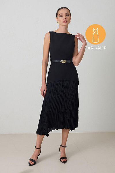 Setre Black Sleeveless Waist Belted Slim Fit Turtleneck Dress