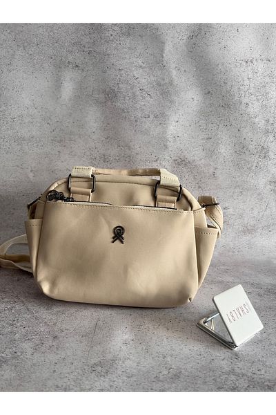 shalby Beige 3 Compartment Design Bag with Exquisite Details 25X17X11 cm and Makeup Mirror