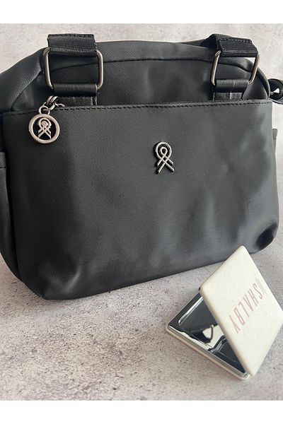 shalby Geantă neagră cu design cu 3 compartimente, cu detalii rafinate, 25x17x11 cm și oglindă de machiaj