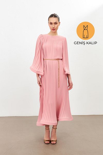 Setre Powder Pleated Detailed Belted Comfortable Fitted Dress