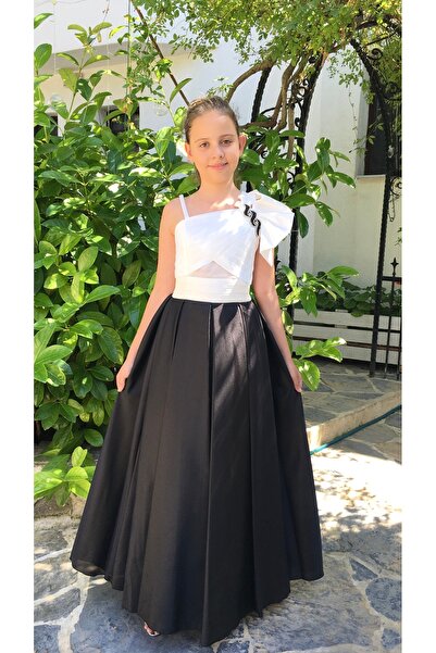 Erkut Kız Çocuk Siyah Ve Beyaz Renkli Tafta Kumaş Uzun Abiye Elbise