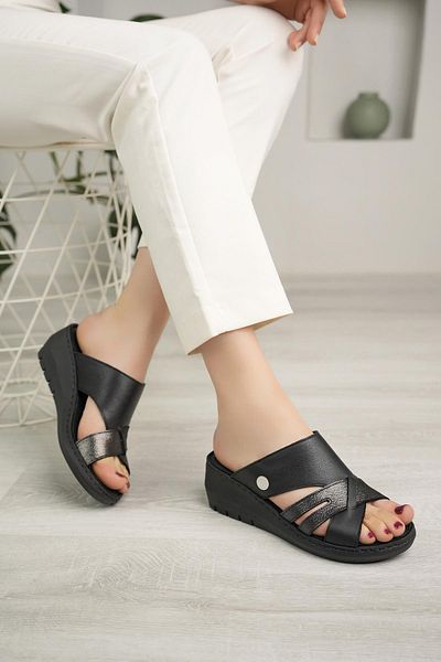 Mammamia D25Yt 1395 Black Genuine Leather Filling Women's Slippers