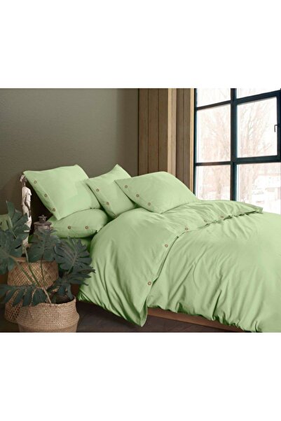 ÇAĞTEXX Washed Linen Fabric 100% Cotton Wooden Button Detailed Single Duvet Cover Set