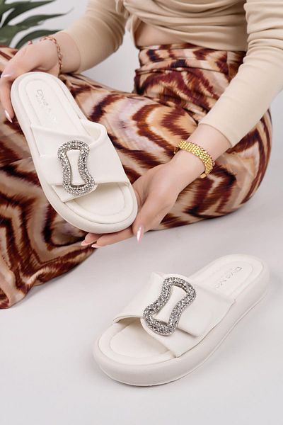Nesil Shoes Dvm 033 Beige Massage Sole Buckle Women's Slippers