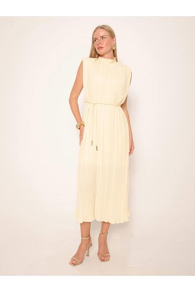 Julidress Stand Collar Sleeveless Lined Girdle Pleated Midi Premium Dress