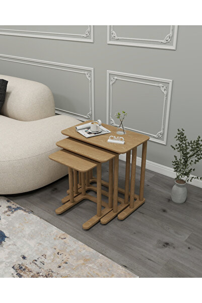 ÇMD ÇAKIR MOBİLYA DEKORASYON Modenza Zigon Sehpa – Modern 3’lü Sehpa Seti Ahşap Görünümlü Minimal Tasarım Salon & Oturma Odası