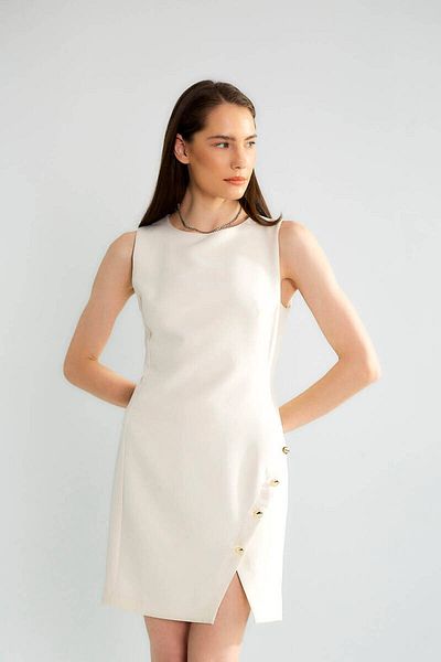 Robin Gold Button Detailed Soft Textured Mini Dress - Stone