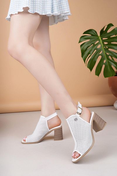 Mammamia D25Ys 2635 White Genuine Leather Heeled Women's Sandals