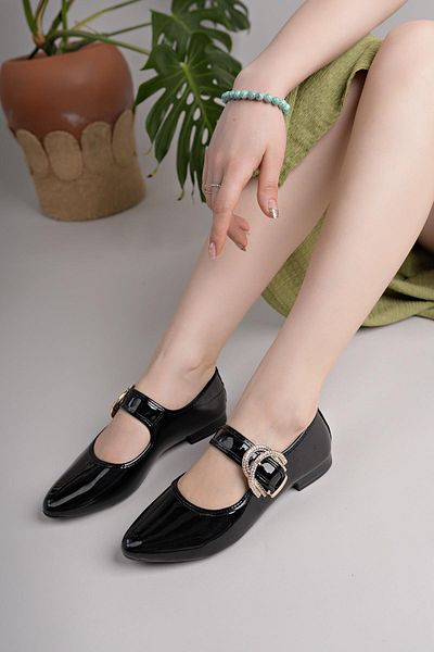 Nesil Shoes Swell 01453 Black Patent Leather Buckle Stone Women's Ballerinas