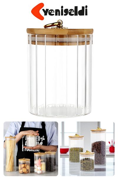 Yenigeldi 1Pc Small Size (9X10.7Cm) Glass Storage Container Airtight Metal Ring Jar with Bamboo Lid