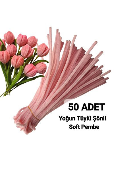 hyc heryerçiçeklenir 50 Adet Açık Pembe Şönil, Çiçek Yapımına Uygun Tüylü Tel...