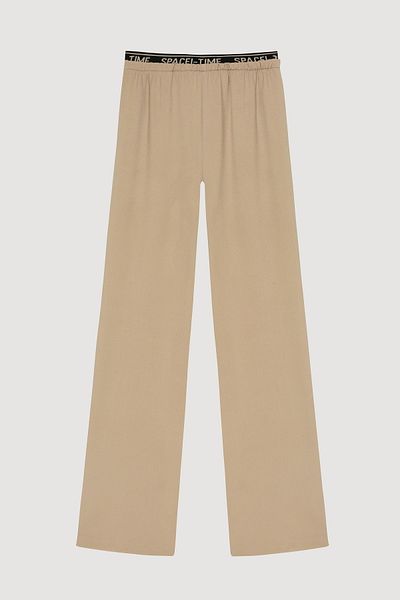 Quzu Elastic Waist, Detailed Writing, Wide Leg Trousers Beige