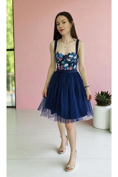 FİYPER Navy Blue Floral Patterned Mini Evening Dress and Evening Dress