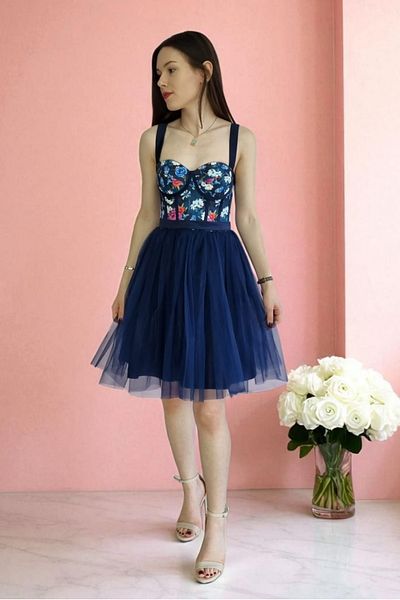 FİYPER Navy Blue Floral Patterned Mini Evening Dress and Evening Dress