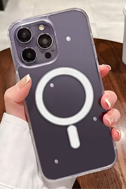 Fibaks İphone 14 Pro Uyumlu Kılıf Magsafe Wireless Kablosuz Şarj Destekli Kristal Şeffaf Darbe Emici Kapak