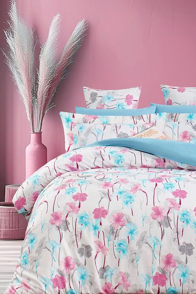 İQON Fitted Sheet Duvet Cover Set Double Size Lily Turquoise