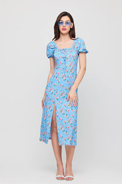 bgom Women's Slit Loose Cut Hem Necktie Detail Short Sleeve Floral Summer Dress