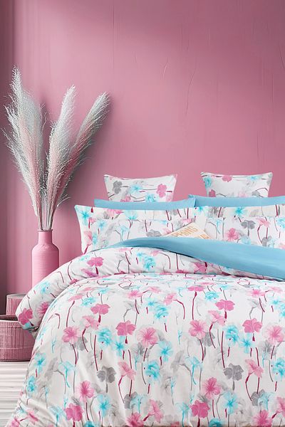 İQON Fitted Sheet Duvet Cover Set Double Size Lily Turquoise
