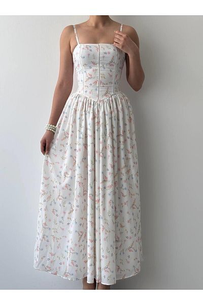 Julidress Λευκό κορσέ με πλισέ λευκό φλοράλ σχέδιο με επένδυση Midi μήκους Premium φόρεμα