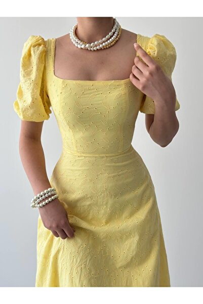 Julidress Φόρεμα Premium Λινό Midi με κίτρινο κέντημα με μανίκια μπαλόνι