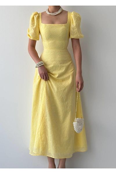 Julidress Rochie din in premium cu mâneci balon cu căptușeală broderie galbenă