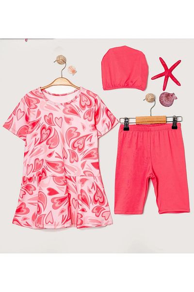 secret moda Short Sleeve Semi-Closed 3 Piece Kids Hijab Swimsuit with Leggings Set