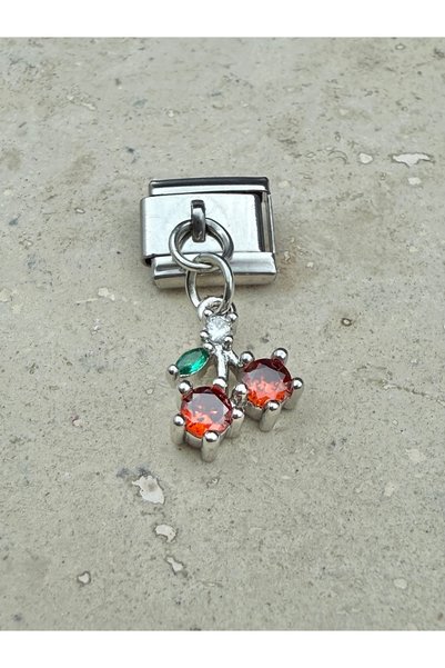 Snartun Italian Bracelet Steel Charm with Zircon Stone and Cherry Figure