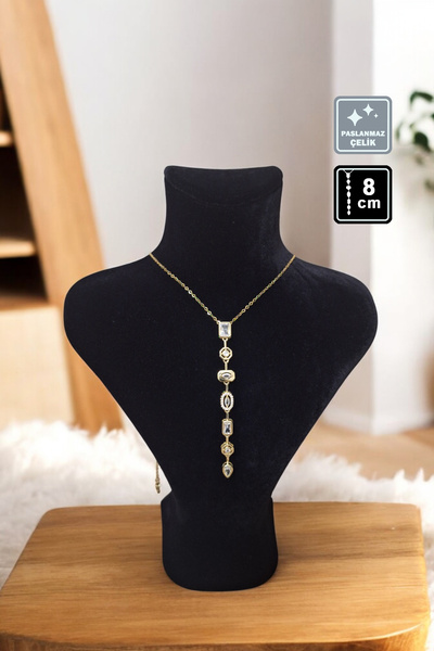 Miss TBee 🌠 'Y' Model Stone Steel Necklace 🎨   White Gold