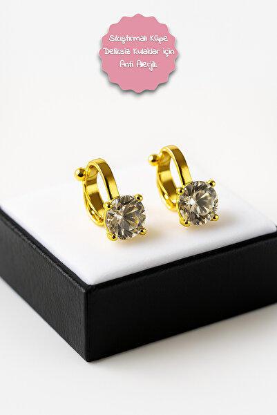 MakeWell Deliksiz Küpe Sıkıştırmalı Çocuk Küpesi Tek Taşlı Zirkon Taşlı Sıkıştırmalı Çocuk Genç Küpesi