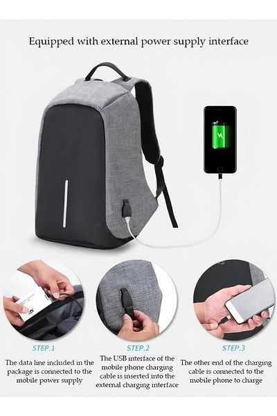Generic حقيبة ظهر للكمبيوتر المحمول مزودة بمنفذ شحن USB ومضادة للماء ومضادة للسرقة، باللون الرمادي
