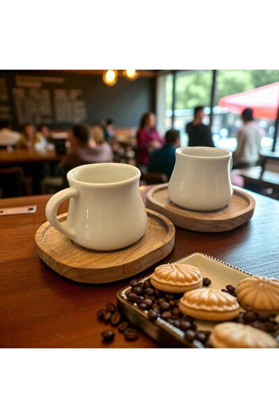 Noah Exclusive Set of 2 White Coffee Cups - Bamboo Plate