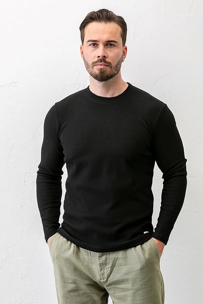 JB John Borners Men's Black Crew Neck Slim Fit Stretchy Waffle Fabric Textured Long Sleeve T-Shirt - 5073-2