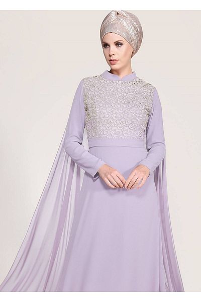 TRENDTESETTÜR Women's Purple (A.LILA) High Collar Shoulder Chiffon Detailed Evening Dress 4662