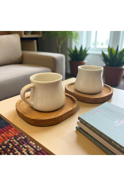 Noah Exclusive Set of 2 White Coffee Cups - Bamboo Plate