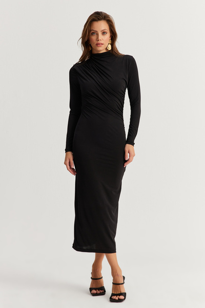 Cool & Sexy Kadın Siyah Drape Maxi Elbise DMR377