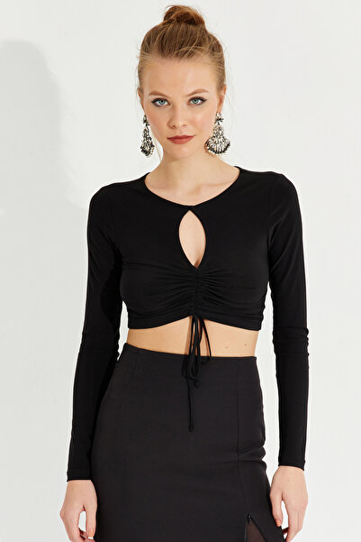 Cool & Sexy Women's Black Drop Gathered Crop Blouse AYD246