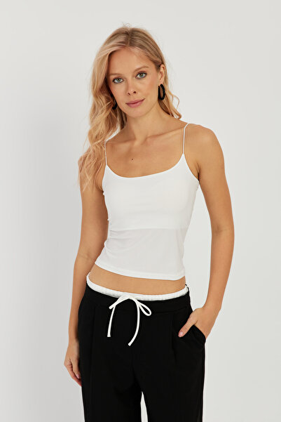 Cool & Sexy Γυναικεία μπλούζα με διπλό σχοινί λευκό-σαξ GÇ158